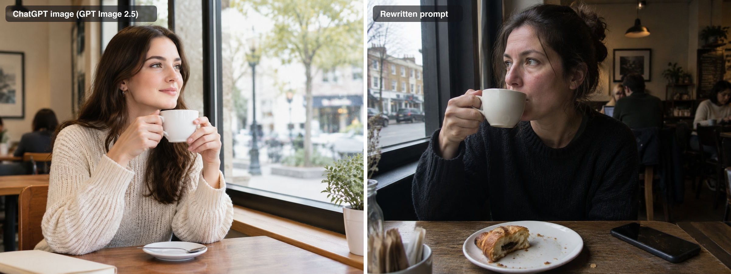 The original ChatGPT-style cafe portrait next to the image from the rewritten prompt: a different woman in overcast light with a half-eaten pastry and a phone on the table