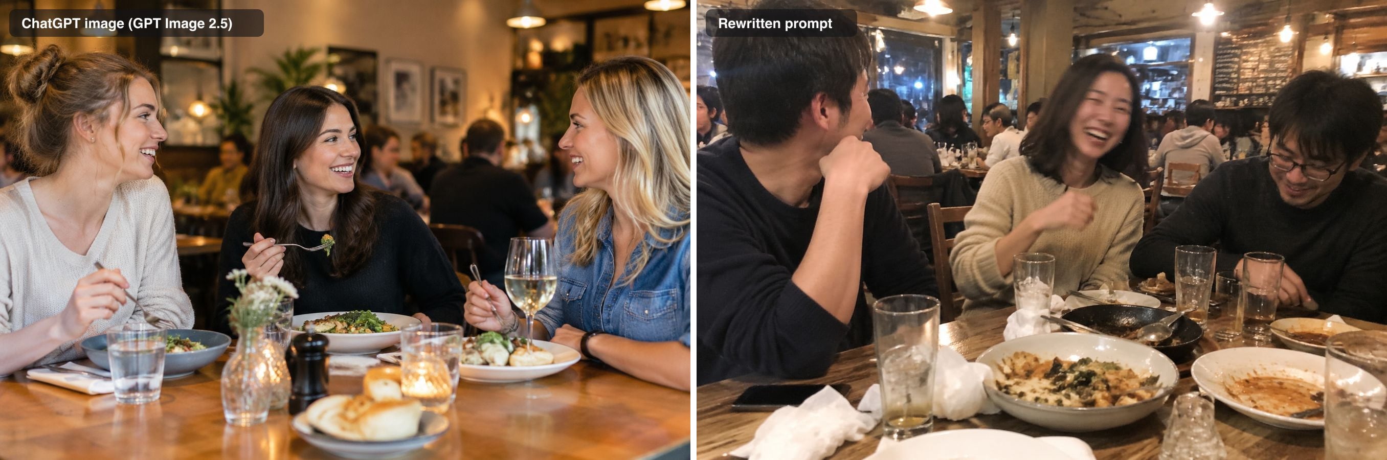 Three model-like friends at a tidy restaurant table, next to a candid version with motion blur, a half-turned person and used plates
