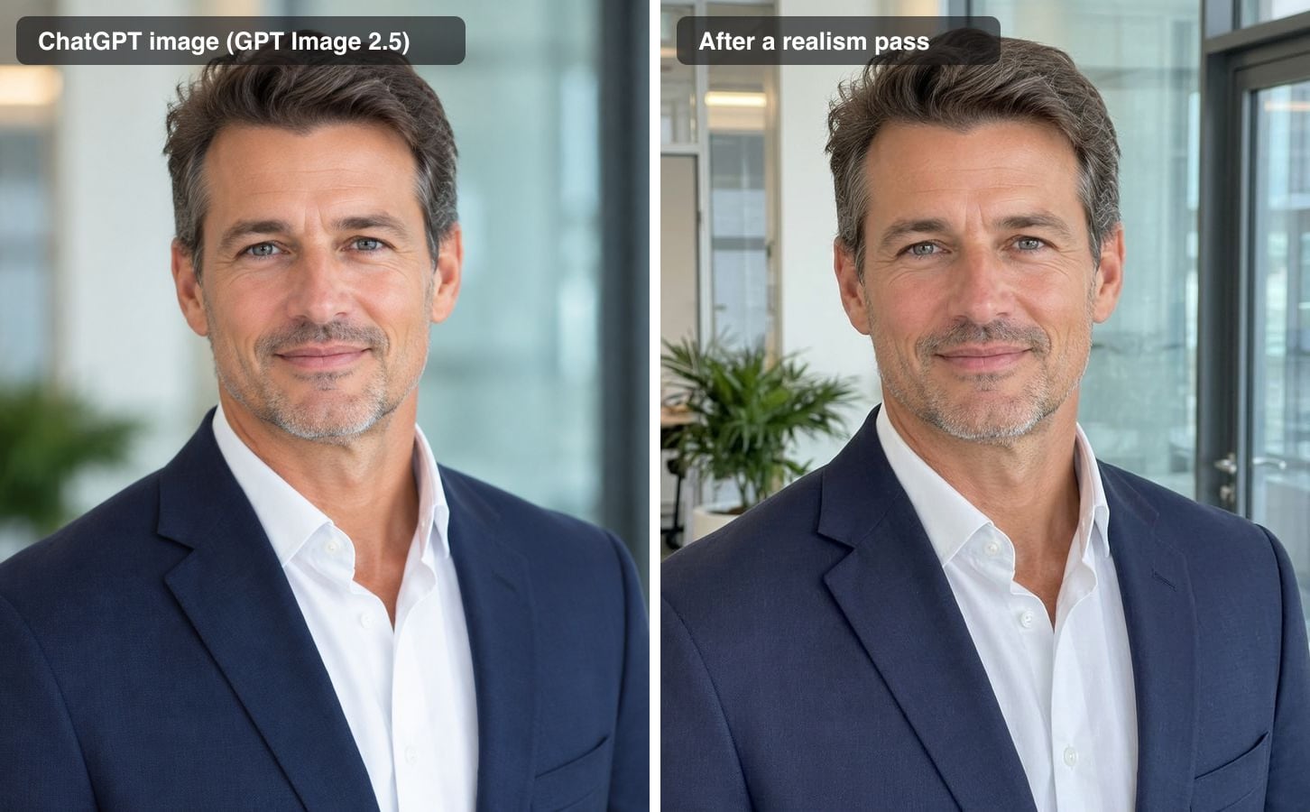 The stock-style headshot before and after the realism pass: same man and blazer, with the office behind him now in focus