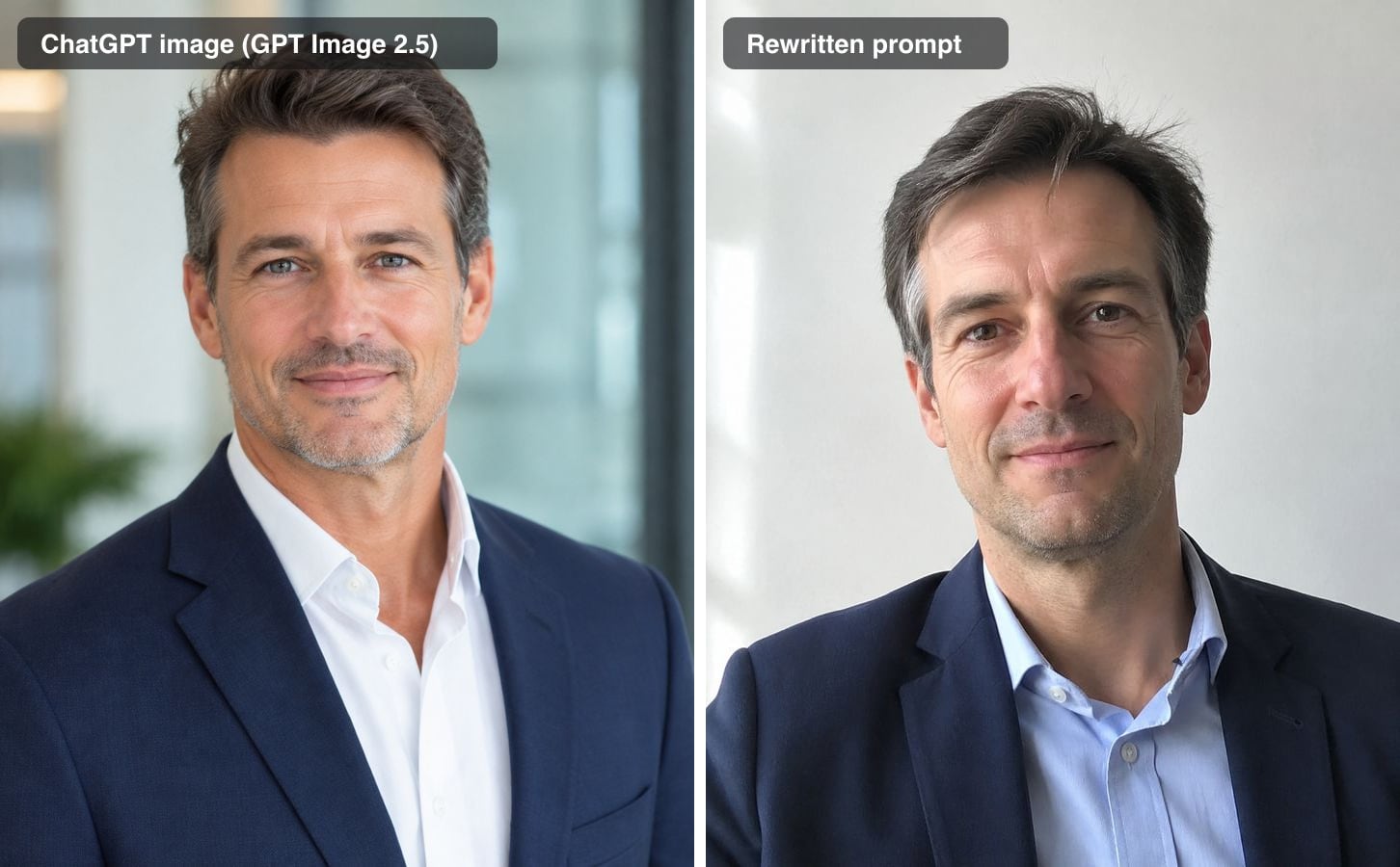 The original stock-style headshot next to the rewritten-prompt version: a man against a plain white office wall in window light