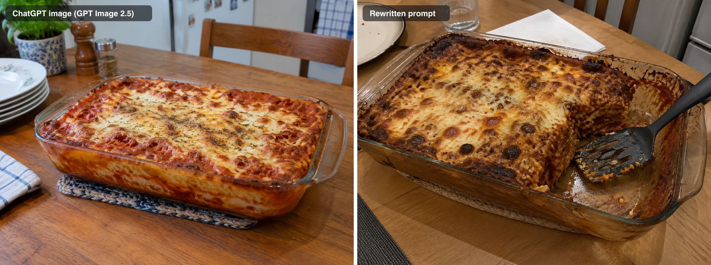 A glossy, evenly baked lasagna next to the rewritten-prompt version: a cut lasagna with a spatula and dark, heavily browned cheese
