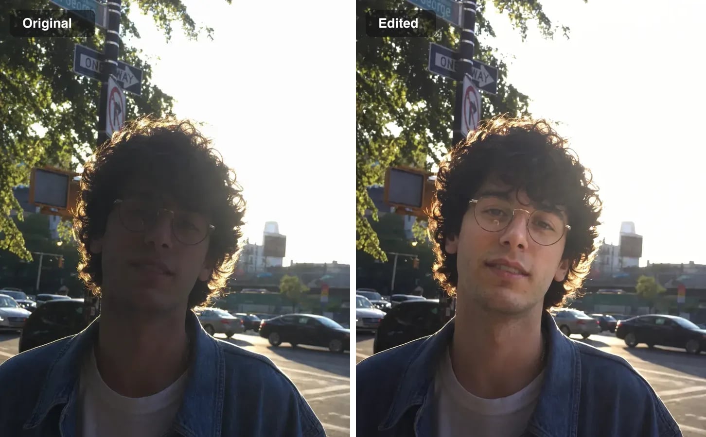A young man backlit by a bright sky with his face in shadow, and the same photo with his face evenly lit