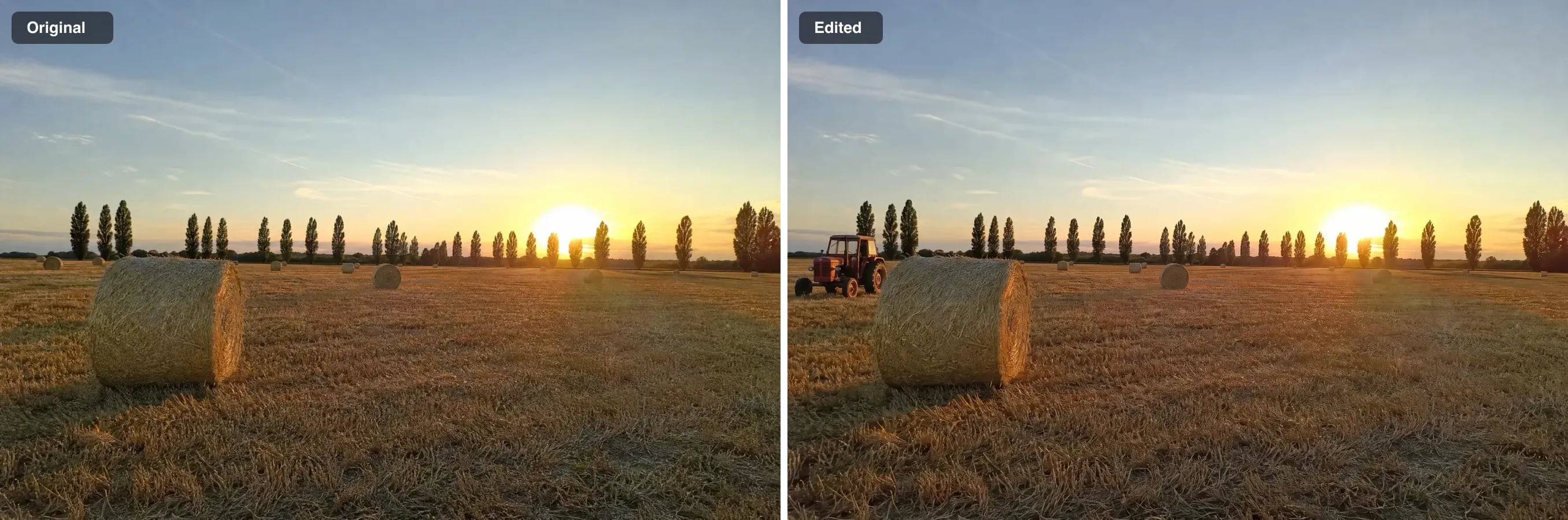 A harvested field with hay bales at sunset, and the same field with a red vintage tractor added at the left edge