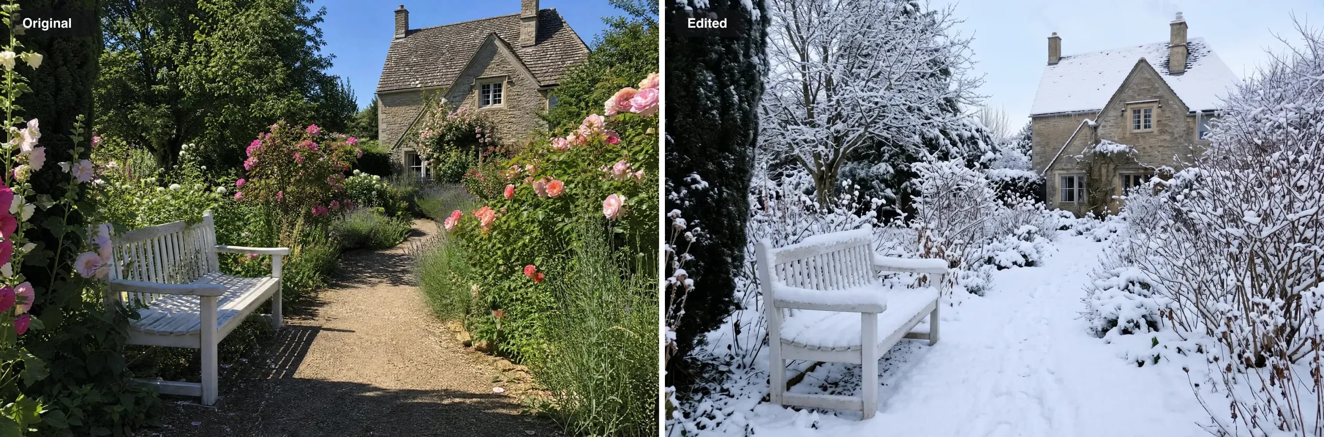 A cottage garden path with roses in summer, and the same path, bench and house in deep snow