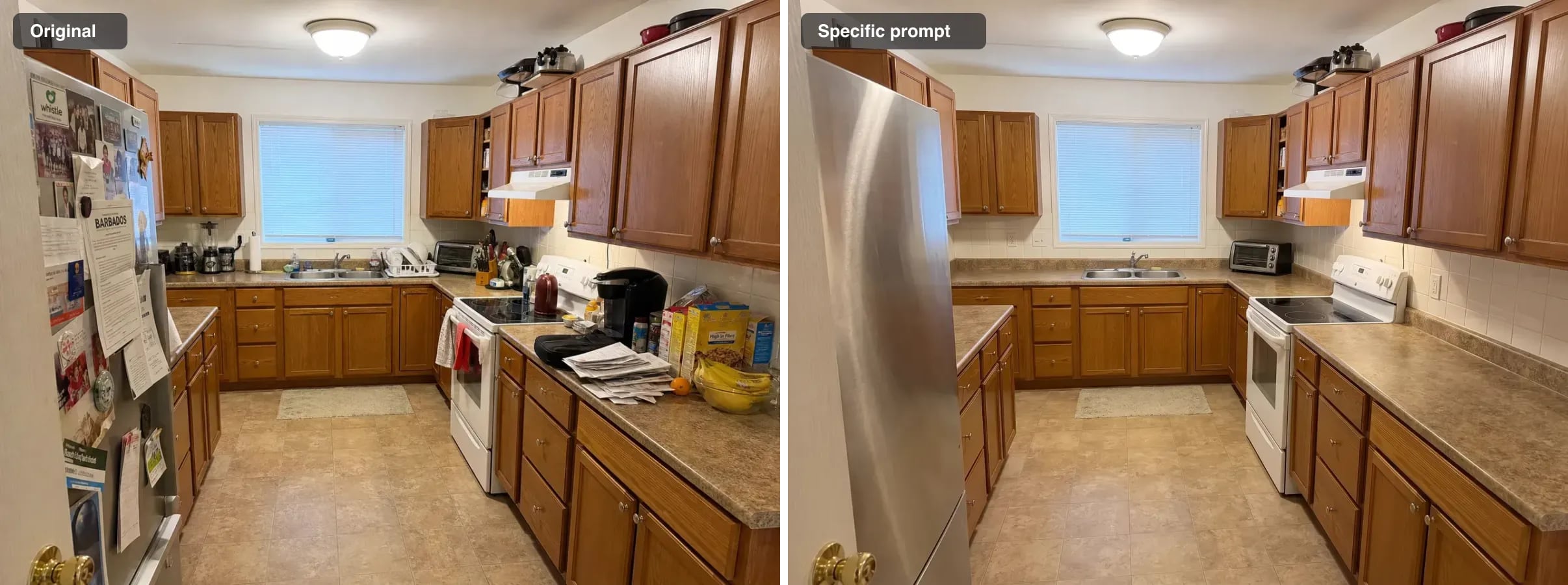 The same cluttered kitchen, and the result of a specific prompt: counters cleared, cabinets and window unchanged