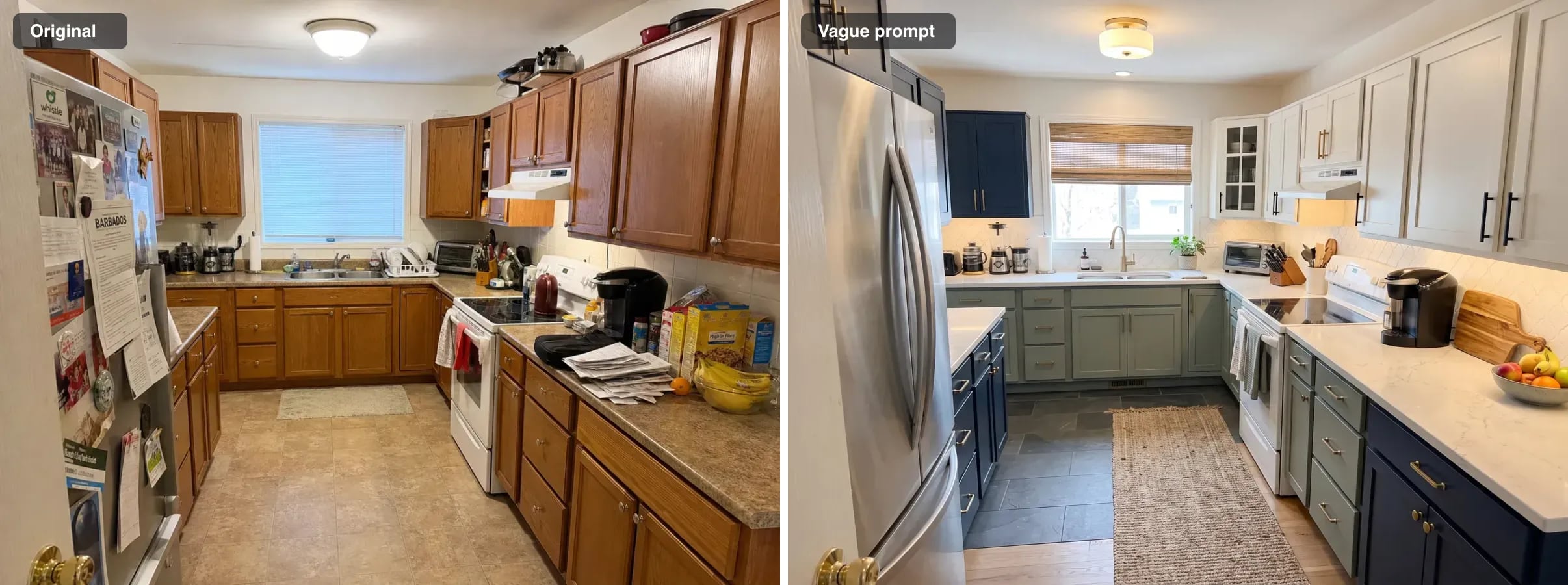 A cluttered kitchen, and the result of the prompt
