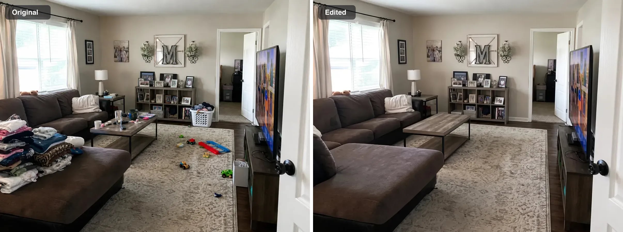 A living room with laundry on the sofa and toys on the rug, and the same room with the clutter removed