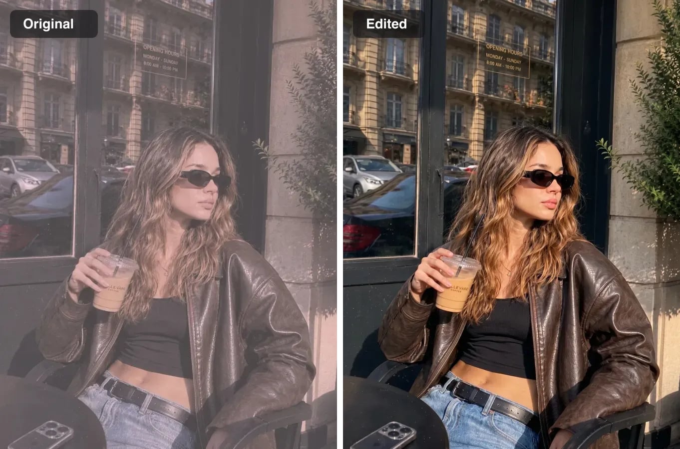 A portrait with a faded pink tint, and the same portrait in natural daylight colours