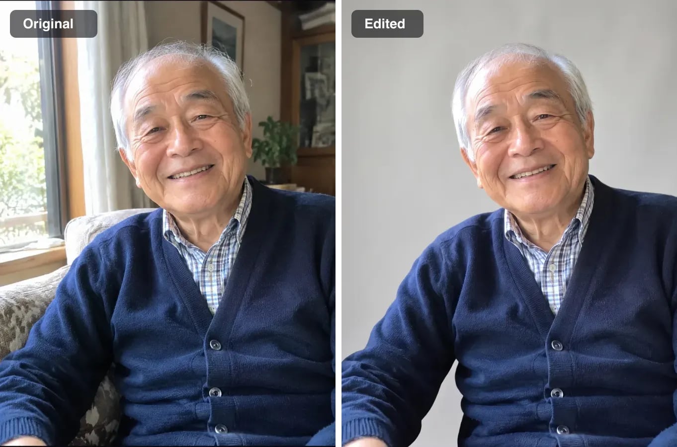 An older man smiling in a living room, and the same portrait in front of a plain light grey studio backdrop