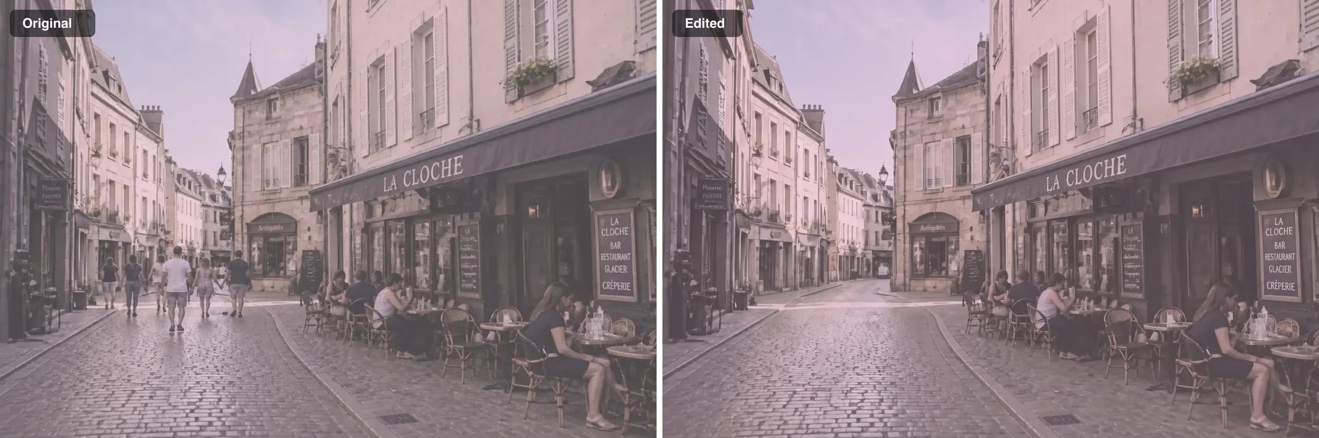 A cobbled street with people walking and people at cafe tables, and the same street with only the walkers removed