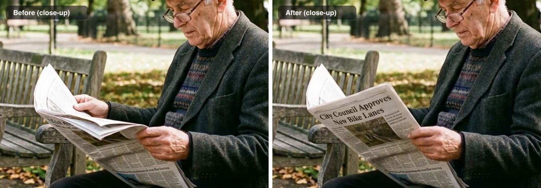 Close-up of the newspaper before and after: nonsense words before, 