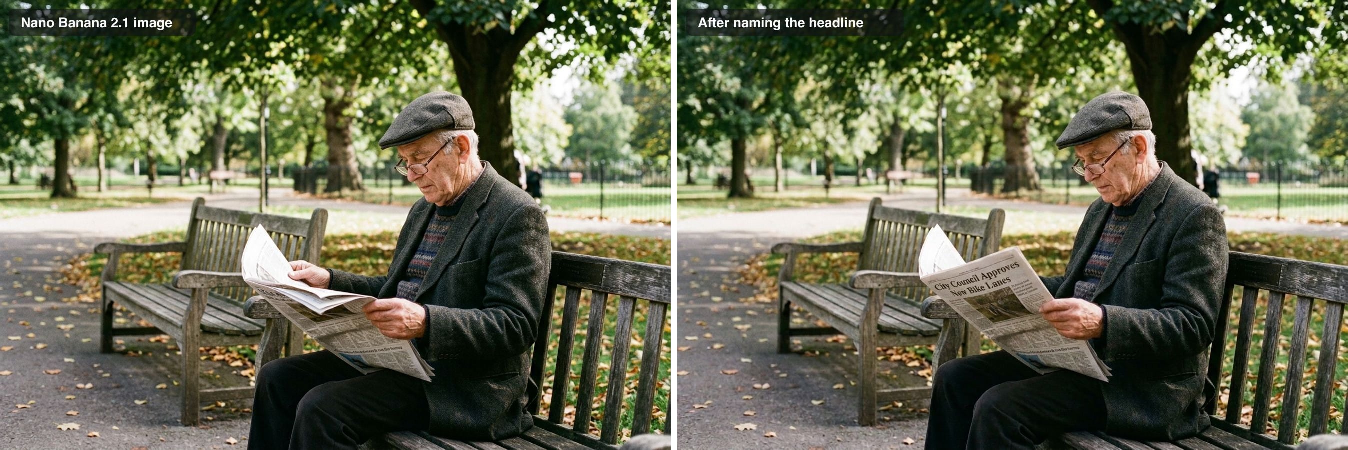 The original park bench image next to the edited one: same man, cap, coat and bench, with a readable headline on the newspaper