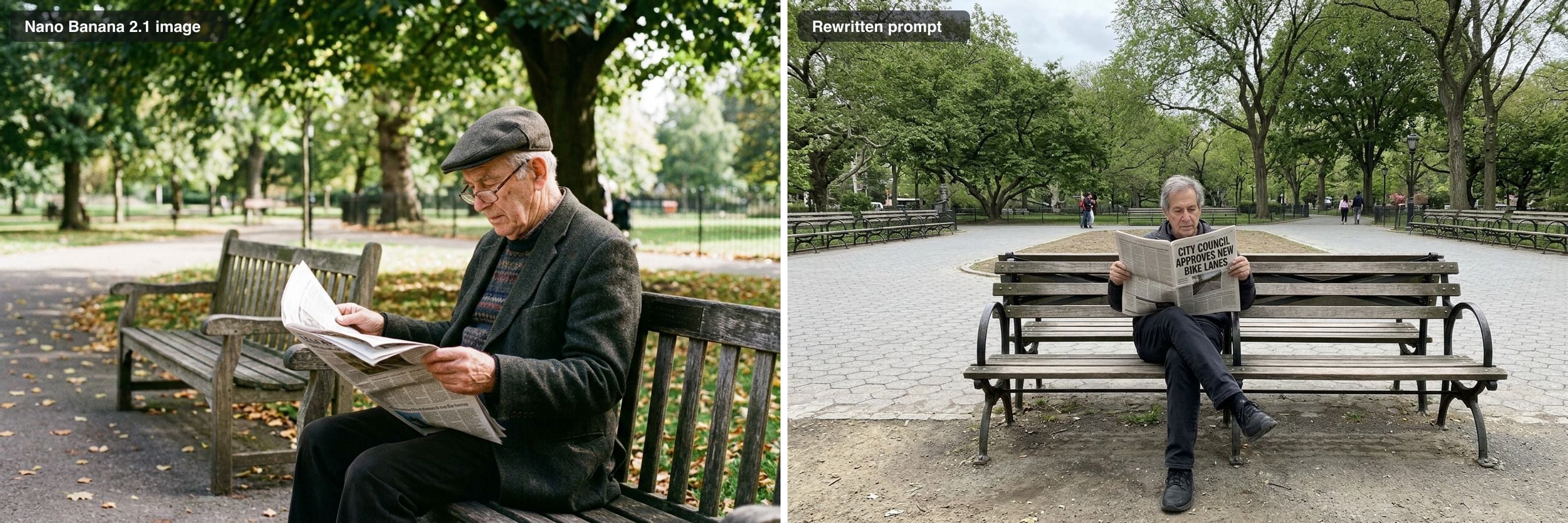 An older man reading a newspaper on a park bench, next to the rewritten version: a man facing the camera in the middle of a bench with a readable headline