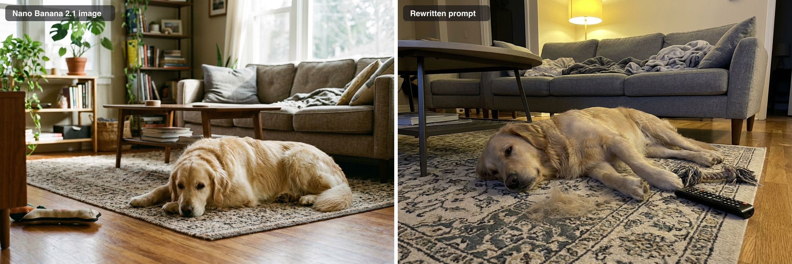 A golden retriever on a rug in a moody, film-graded living room, next to a snapshot version under lamp light with dog hair, a chewed toy and a TV remote