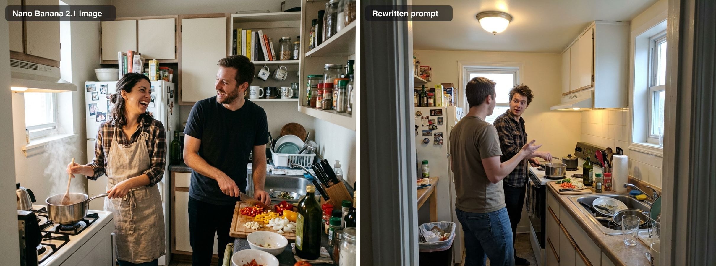 Two friends laughing in a styled kitchen, next to the rewritten version seen from a doorway, under a ceiling light, with dirty dishes