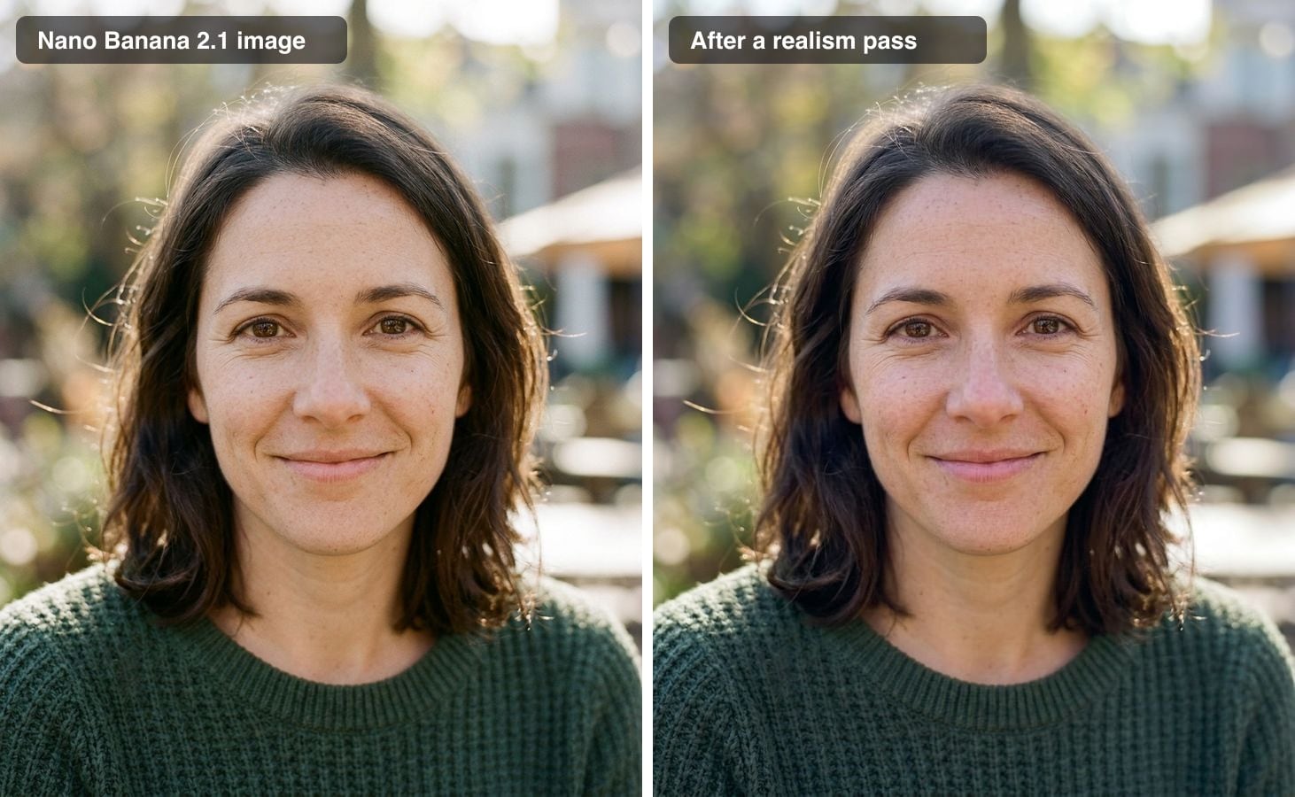 The close-up Nano Banana portrait before and after the default realism pass: nearly identical, with pores and freckles in both