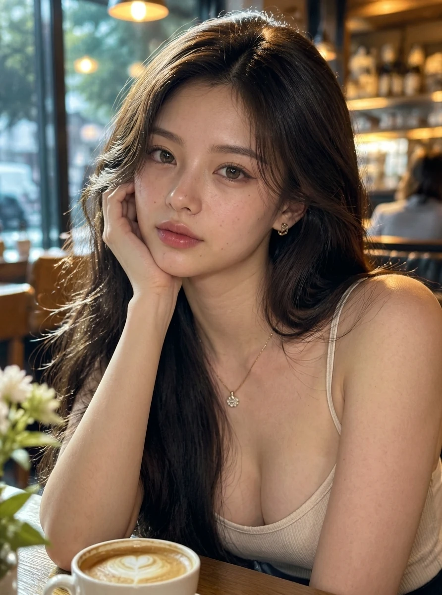 The same woman with natural skin — matte texture, faint pores and freckles, softer lips
