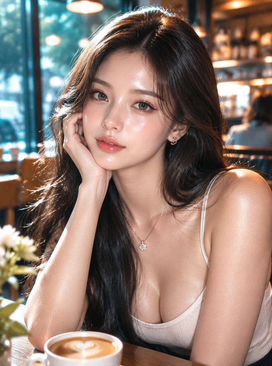 AI-generated portrait of a woman with dewy, porcelain skin, glossy lips and heavy blush