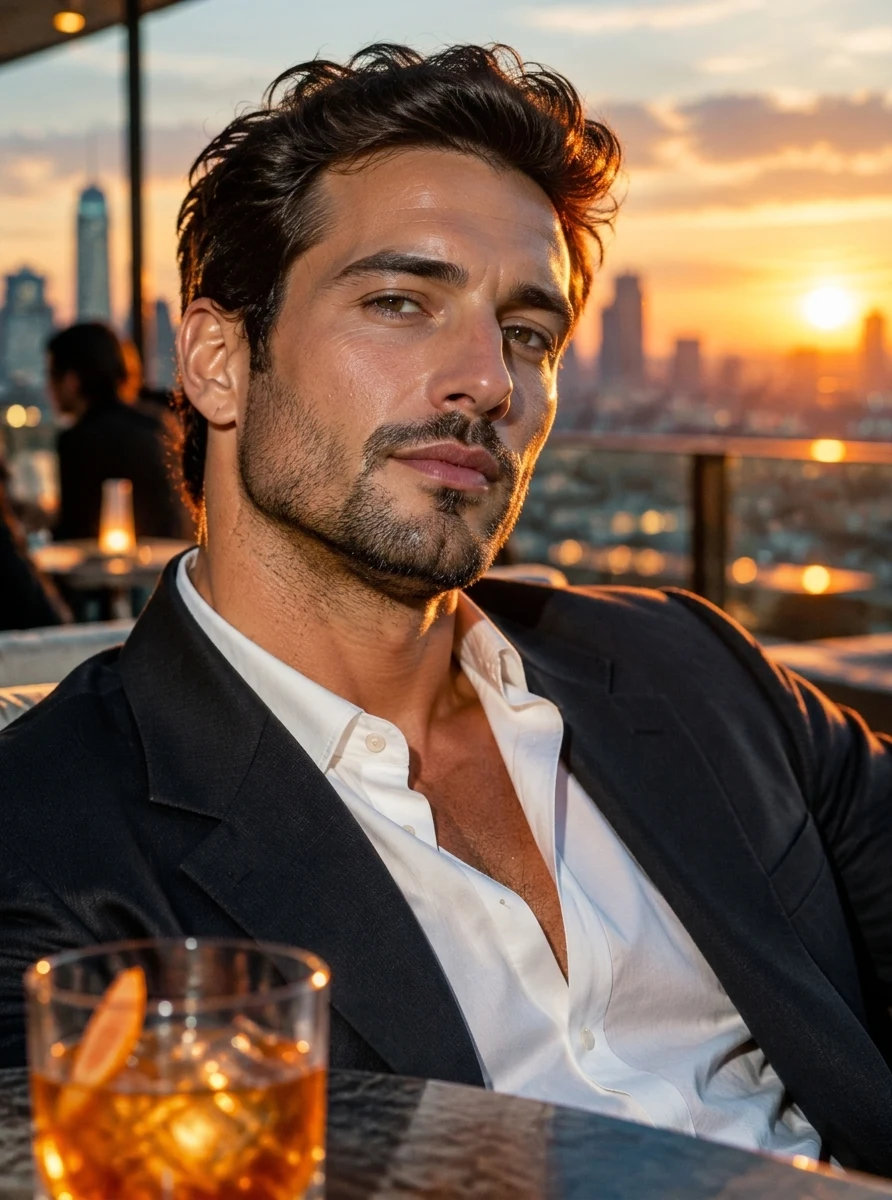 The same man with the oily shine removed — matte natural skin, visible stubble and pores
