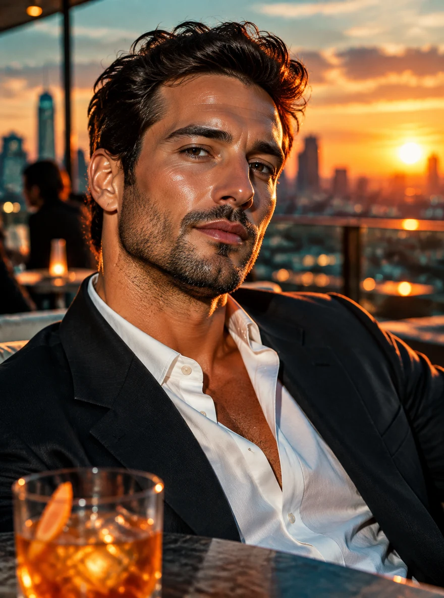 AI-generated portrait of a man at a rooftop bar with oily, shiny skin and a glowing sunset grade