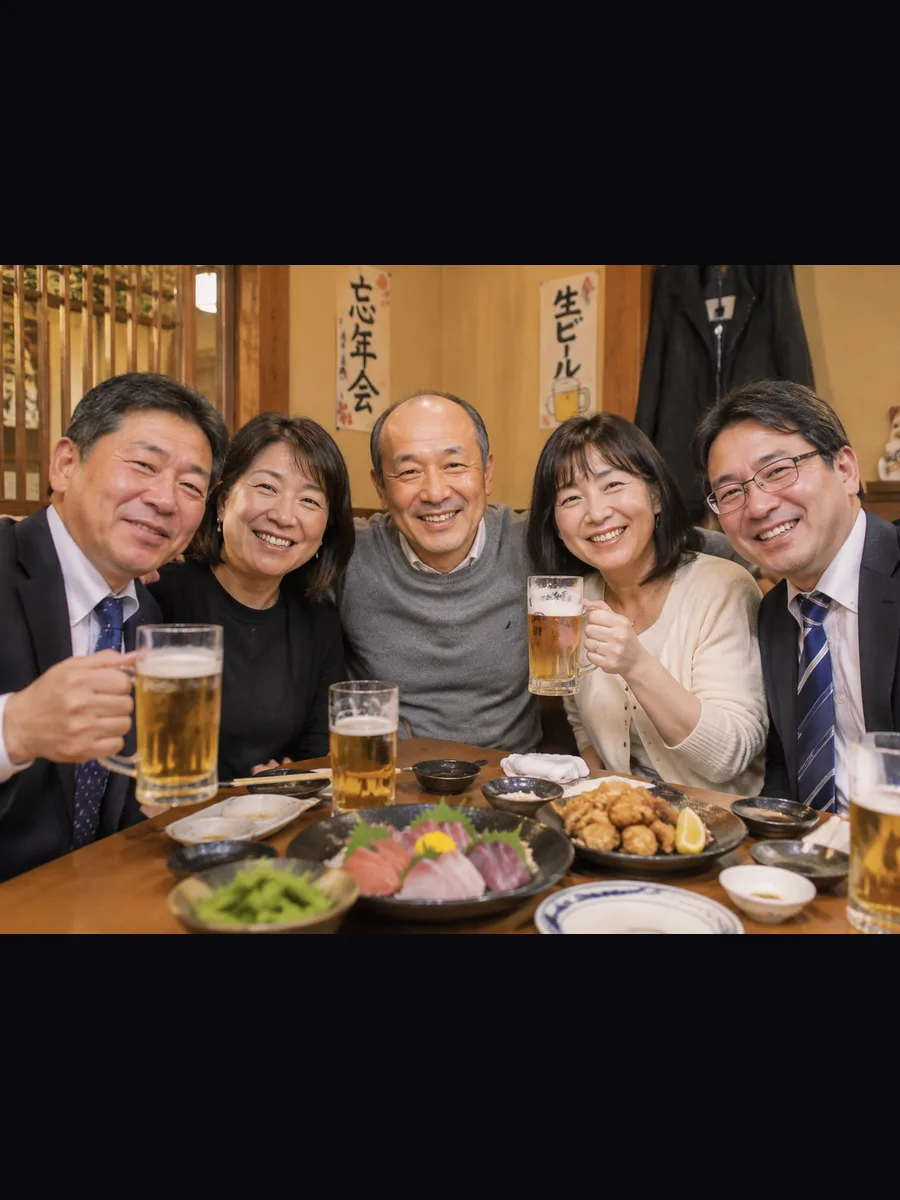 忘年会の集合写真から、一人を選んで遺影に(元の写真)