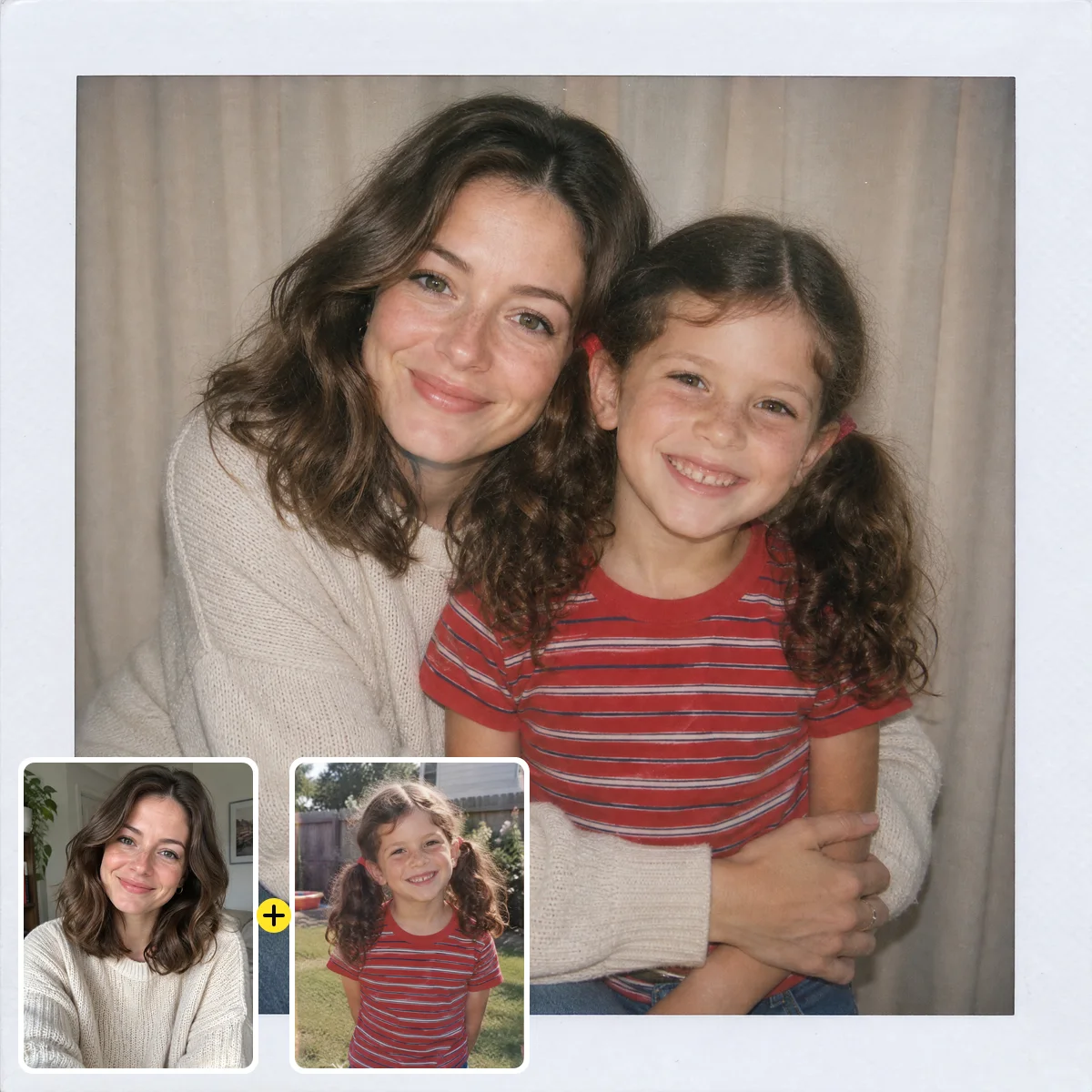 AI Polaroid photo of a woman hugging her six-year-old self, with the two source photos in the corner