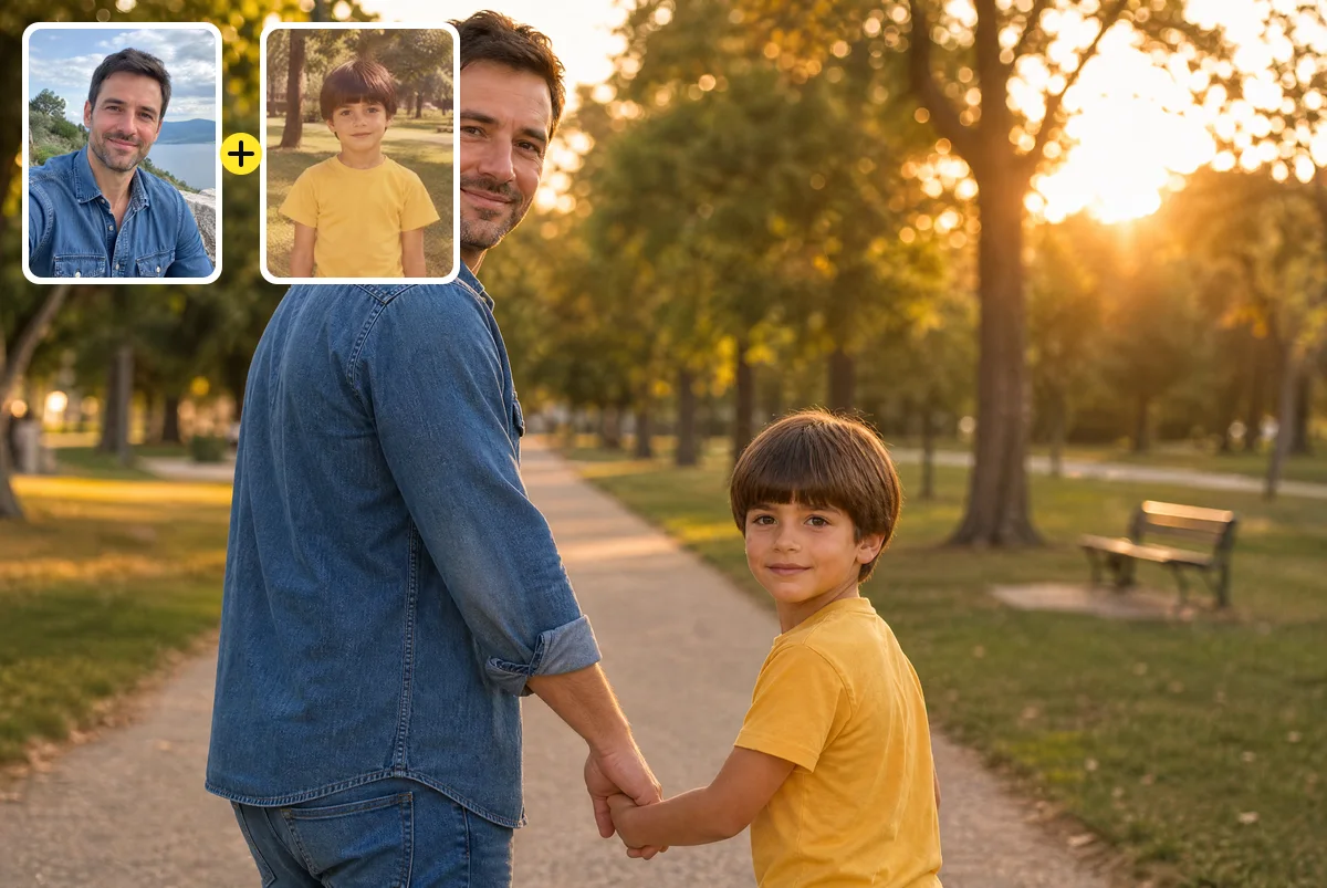 AI photo of a man walking hand in hand with his younger self at sunset, with the two source photos in the corner