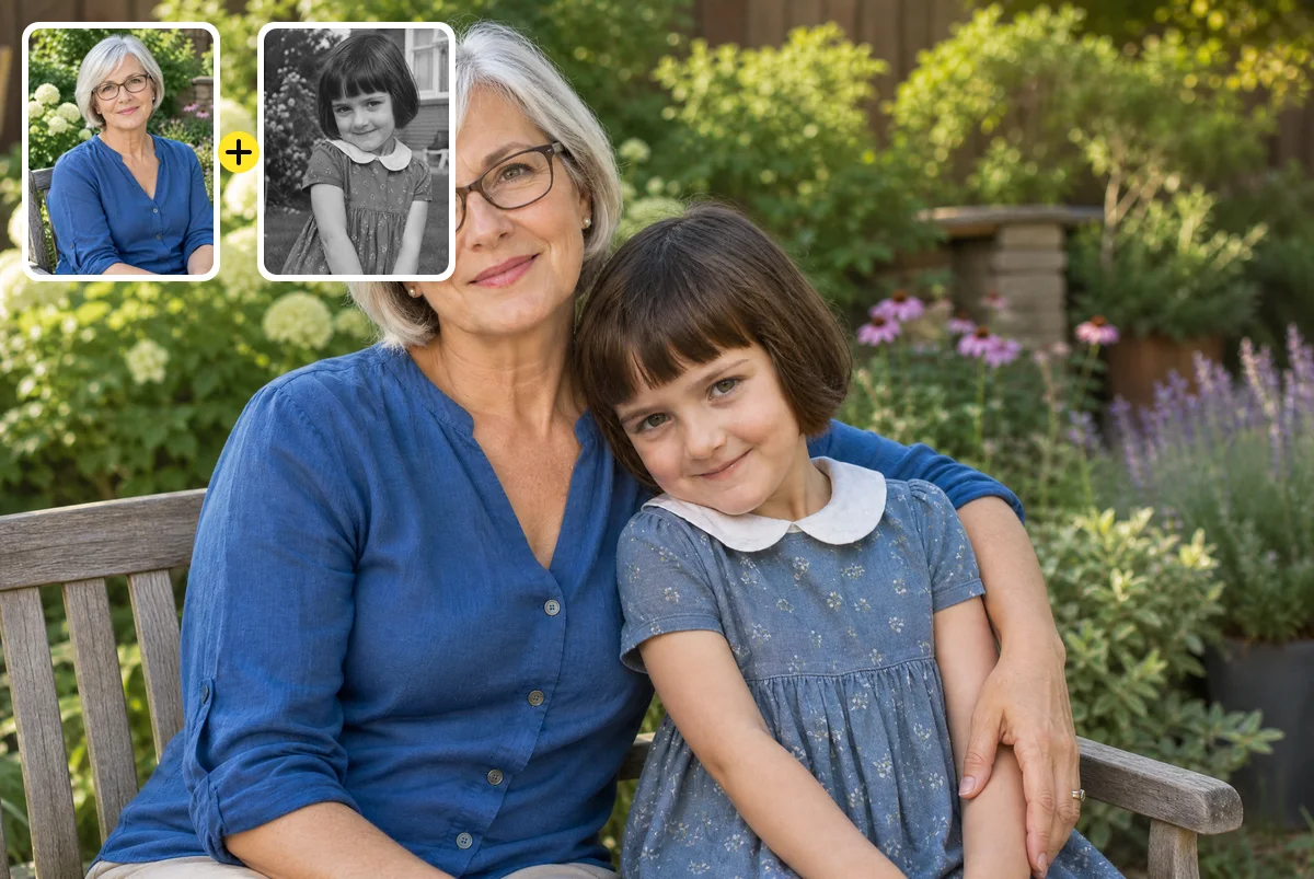 AI photo of a woman on a garden bench with her younger self from a black-and-white photo, with the two source photos in the corner