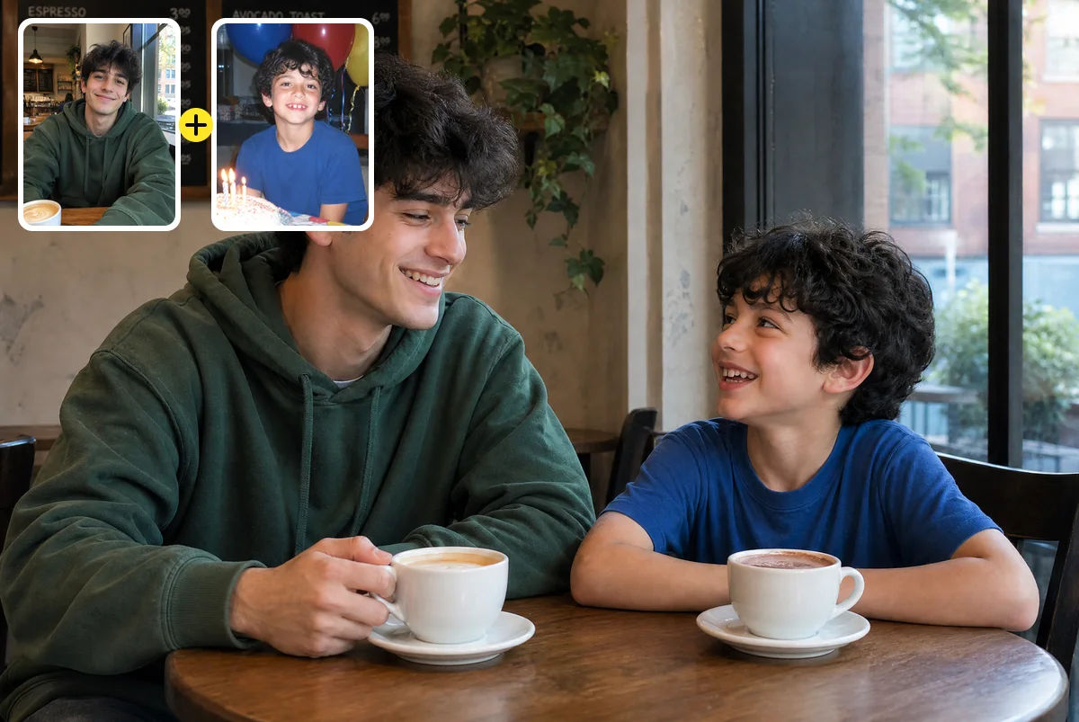 AI photo of a young man laughing with his younger self at a café table, with the two source photos in the corner