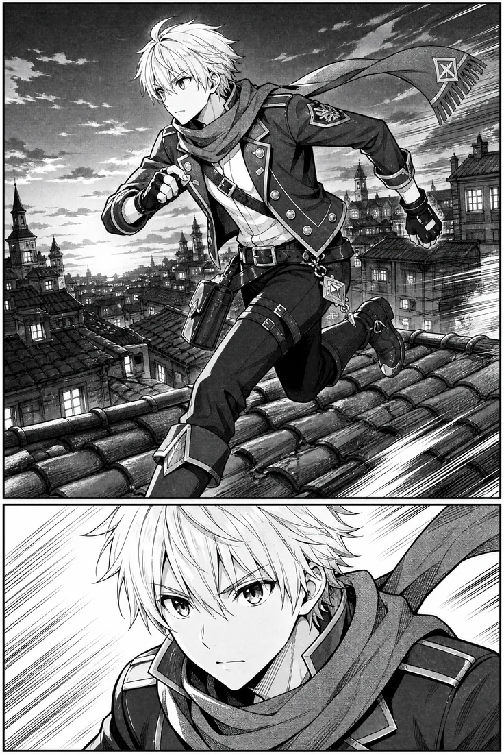 Black-and-white manga page of a young adventurer running across rooftops