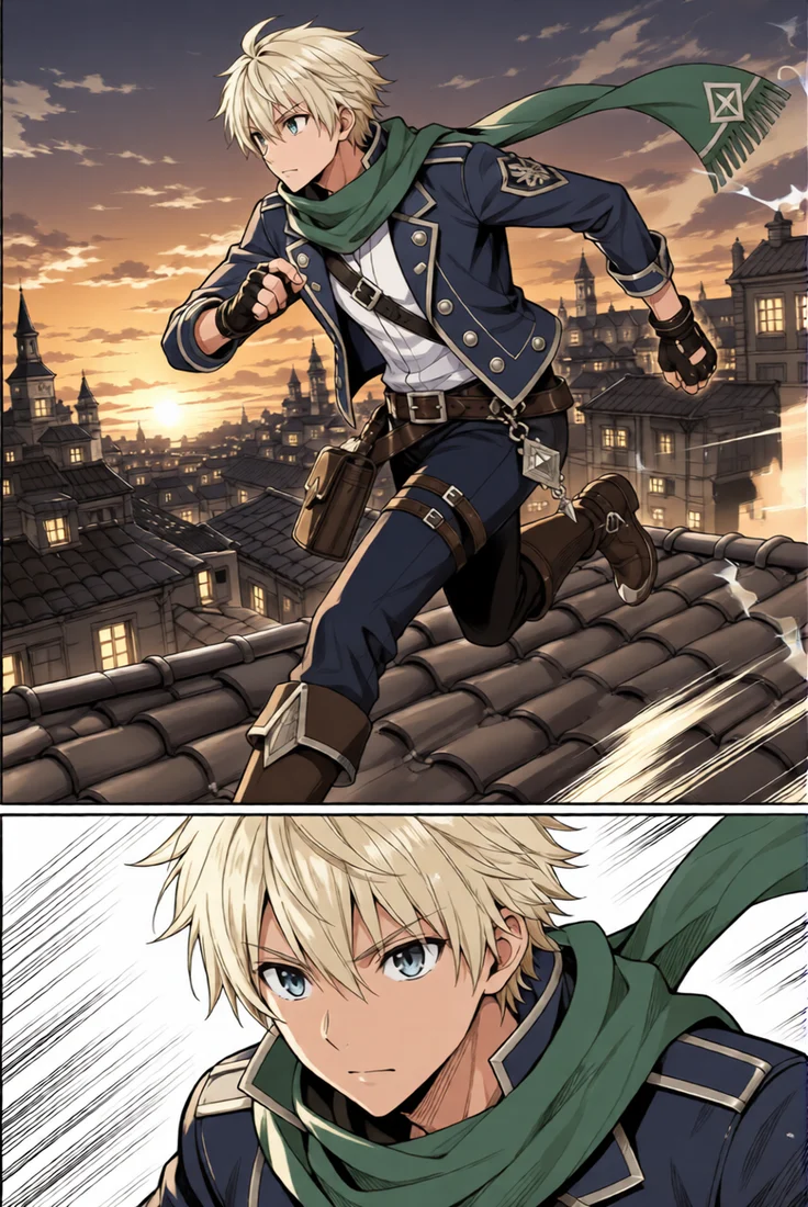 The page colorized without a reference: blond hair, navy jacket, green scarf