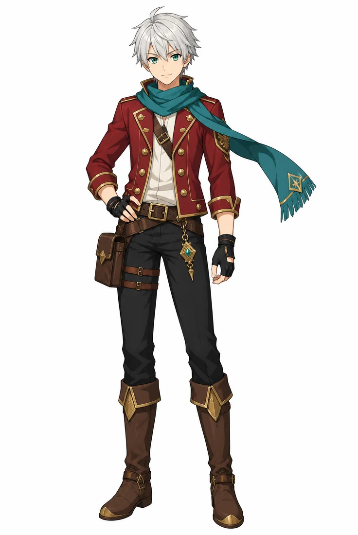 Colored character reference: silver hair, green eyes, crimson jacket, teal scarf