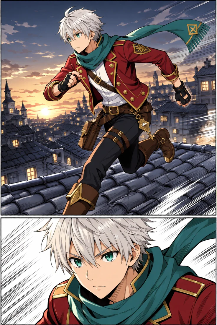 The page colorized with the reference: silver hair, crimson jacket with gold buttons, teal scarf