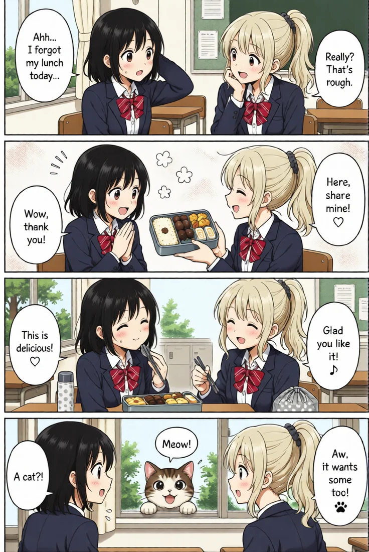 Four-Panel Strip With Speech in Every Panel — colorized with the AI manga colorizer