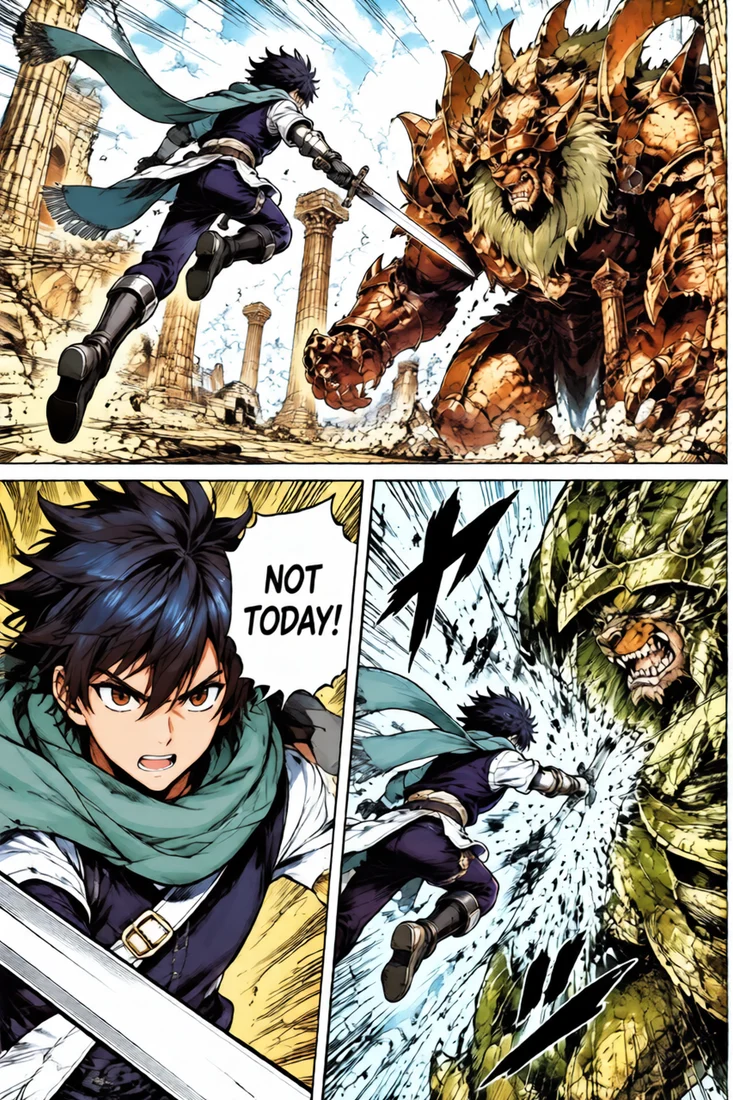 Action Page With Speed Lines and Effects — colorized with the AI manga colorizer