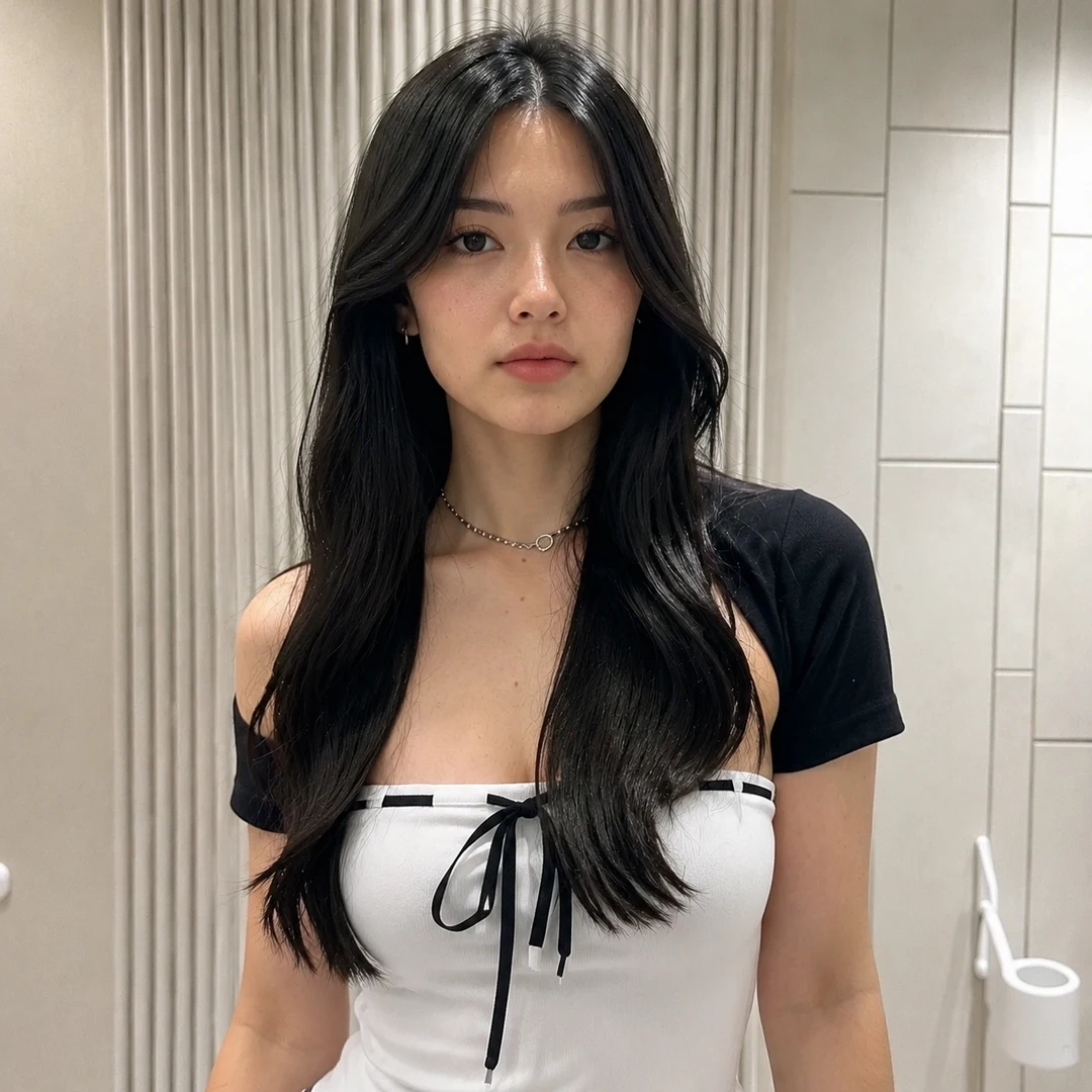The same fitting-room portrait with the AI look removed — real skin and warm indoor light