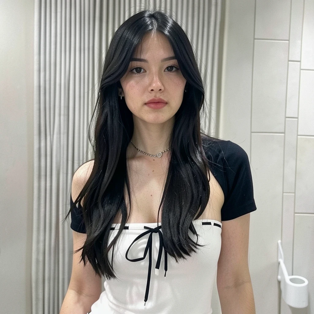 AI-generated fitting-room portrait with airbrushed skin and a flat grey cast