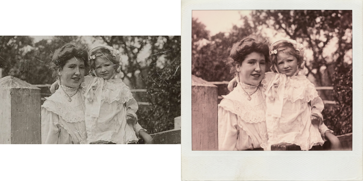 Polaroid photo restored by AI — edge fading removed, original color balance recovered