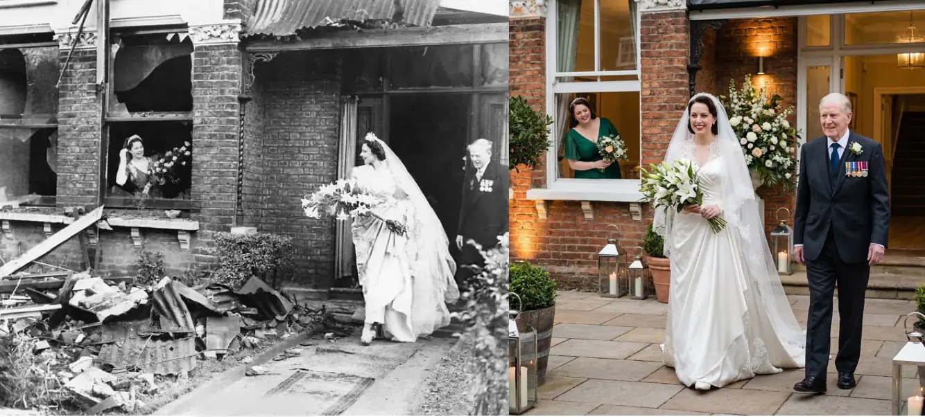 1960s wedding photo restored by AI — dress detail and faces fully recovered