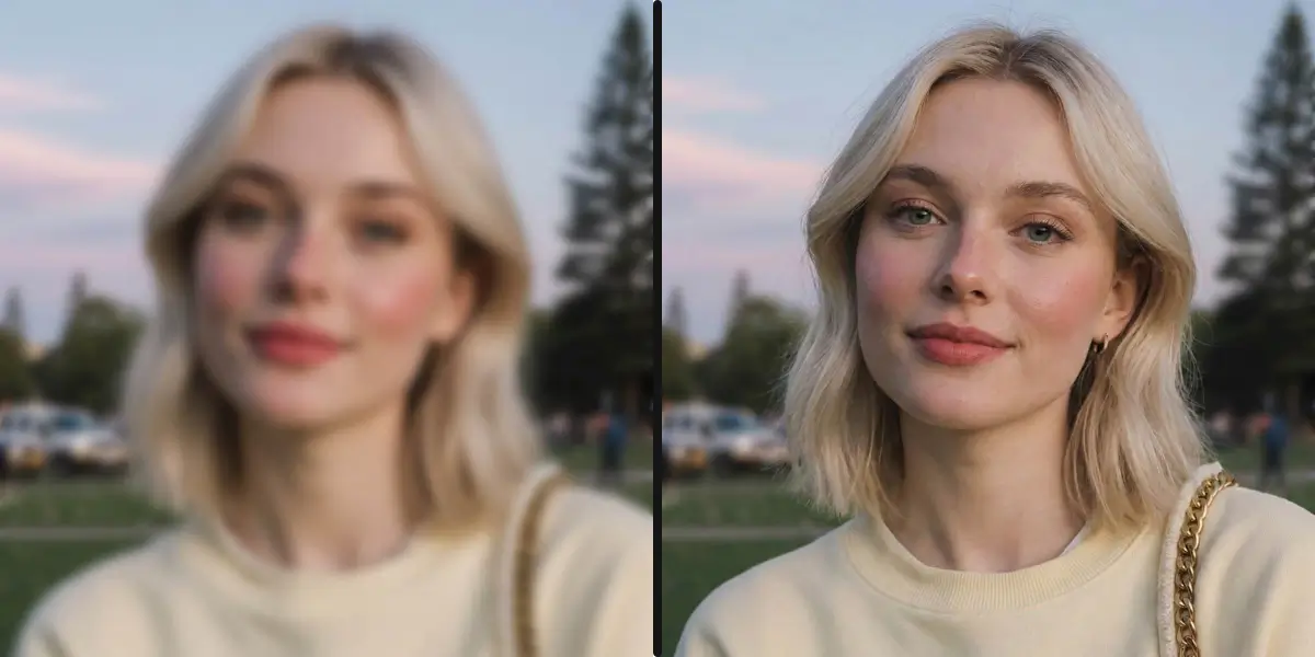 AI low-light blur fix - dark blurry night photo restored to clear image